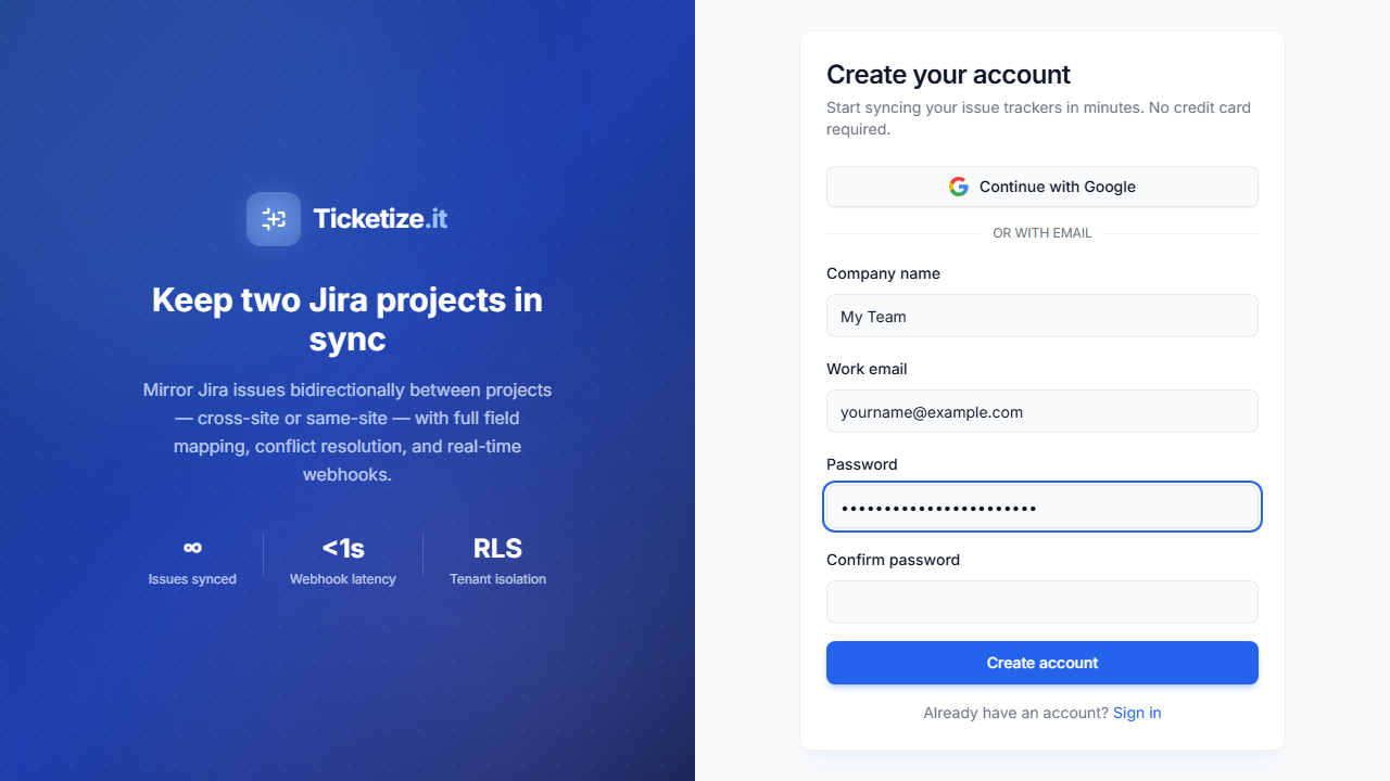 The Ticketize.it sign-up form
