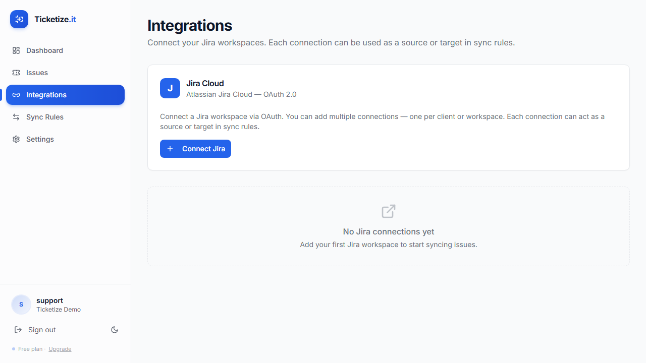 Integrations page — empty state